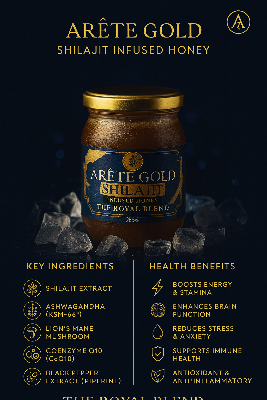 Arête Gold Shilajit Infused Honey – The Royal Blend (225g) with Ashwaghandha, Lions Mane, CoQ10 and Black Pepper Extract