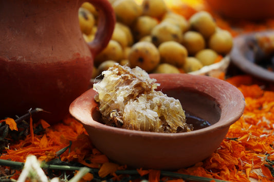 Honeycomb rests in a bowl, with fruit in background.