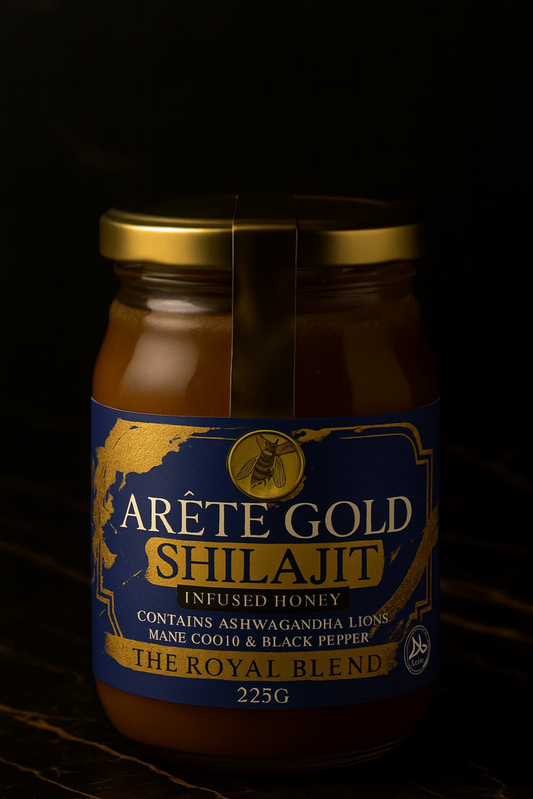 Arête Gold Shilajit Infused Honey – The Royal Blend (225g) with Ashwaghandha, Lions Mane, CoQ10 and Black Pepper Extract