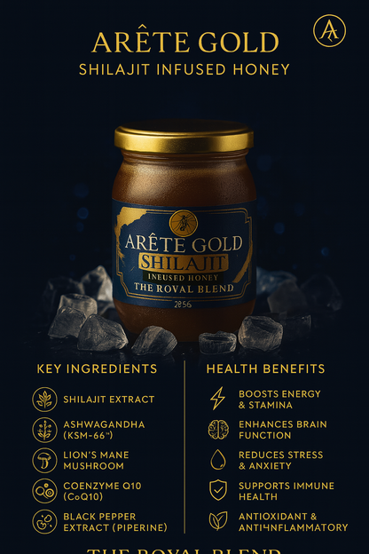 Arête Gold Shilajit Infused Honey – The Royal Blend (225g) with Ashwaghandha, Lions Mane, CoQ10 and Black Pepper Extract